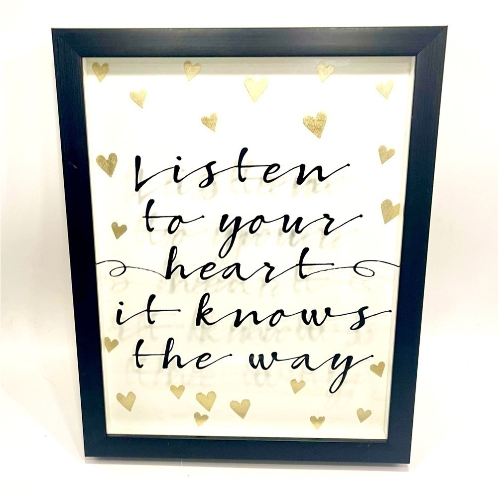 Listen to your Heart Framed Wall Decor Shadow Box 13.5x11” Black Gold White